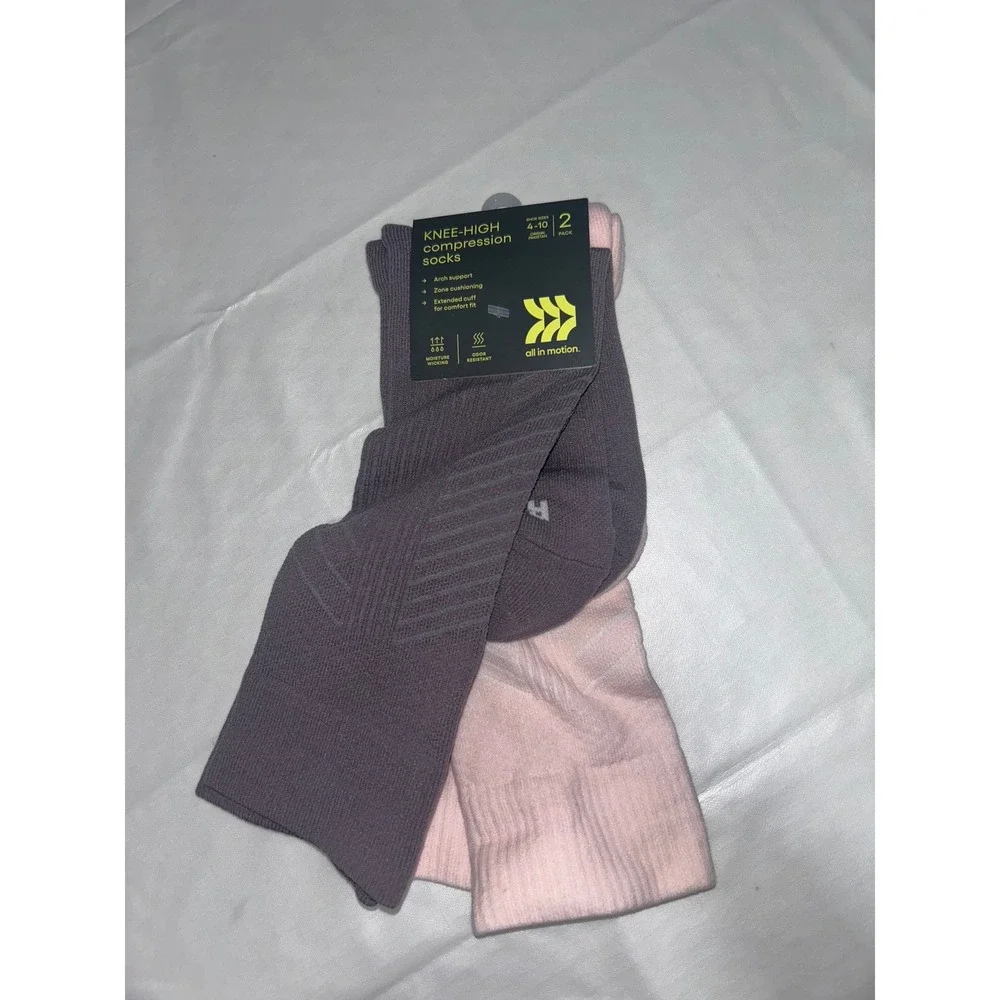 All in Motion Womens Knee-High Compression Socks 2 Pack Gray Pink Shoe Size 4-10
